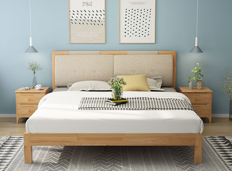 橡膠木雙人床軟包靠背